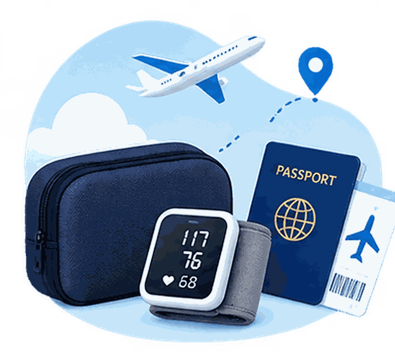 A wrist blood pressure monitor standing beside a small zip case, a passport and a boarding pass, with a plane overhead.